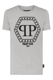 Серая футболка с черными логотипами Philipp Plein