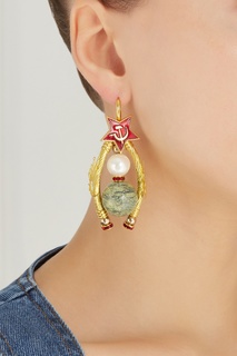 Серьги из латуни, жемчуга, змеевика и страз Swarovski Rushev