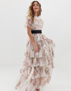 Платье макси с цветочным принтом и контрастной талией Needle & Thread-Розовый
