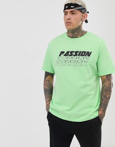 Ярко-зеленая свободная футболка с принтом \"passion\" на груди Bershka-Зеленый