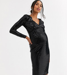 Черное платье миди с длинными рукавами и блестящими пайетками Flounce London Maternity-Черный цвет
