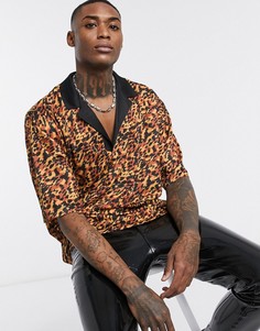 Oversize-поло с отложным воротником и леопардовым принтом ASOS DESIGN-Коричневый