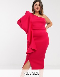 Платье миди на одно цвета фуксии с оборками True Violet Plus-Розовый