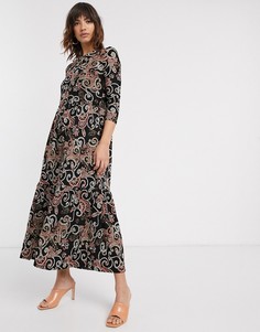 Черное ярусное платье макси с длинными рукавами и принтом "пейсли" River Island-Черный