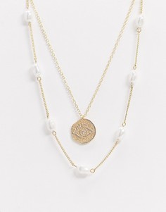 Золотистое ожерелье из цепочек с искусственным жемчугом и подвеской-монетой Pieces-Золотой