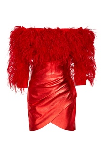 Красное кожаное платье мини с перьями Yana Dress