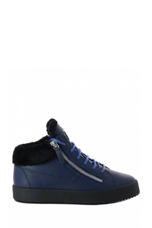 Синие утепленные ботинки из кожи и меха Giuseppe Zanotti Design