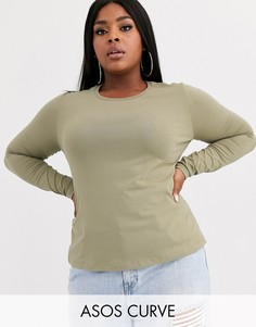 Лонгслив цвета хаки из органического хлопка с круглым вырезом ASOS DESIGN Curve-Зеленый