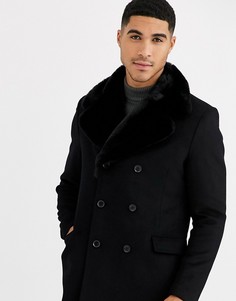 Двубортное пальто с искусственным мехом Gianni Feraud-Черный
