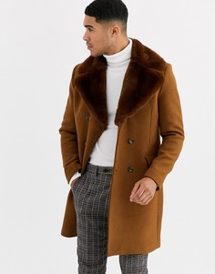 Двубортное пальто с искусственным мехом Gianni Feraud-Коричневый