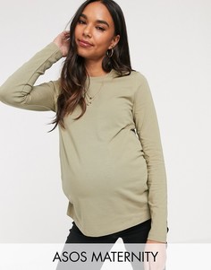 Лонгслив цвета хаки из органического хлопка с круглым вырезом ASOS DESIGN Maternity-Зеленый