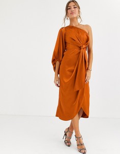 Темно-оранжевое атласное платье миди на одно плечо By Malina-Коричневый