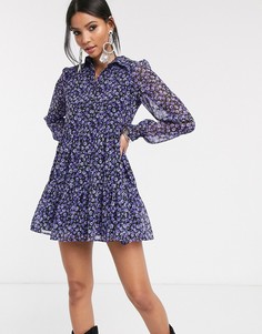Фиолетовое свободное платье-рубашка с цветочным принтом Bershka-Фиолетовый