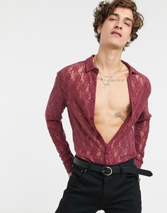 Бордовая узкая кружевная рубашка ASOS DESIGN-Красный
