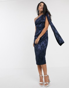 Жаккардовое платье миди с асимметричными рукавами Pretty Darling-Темно-синий