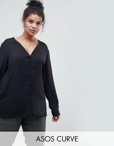 Блузка с длинными рукавами и V-образным вырезом ASOS DESIGN Curve-Черный