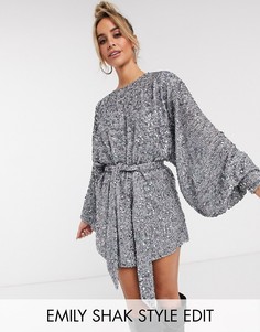 Свободное платье мини с пайетками и пышным рукавом на манжете ASOS EDITION-Серый