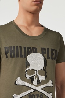 Зеленая футболка с логотипом и стразами Philipp Plein