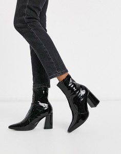 Черные лакированные ботильоны на каблуке с острым носком New Look-Черный цвет