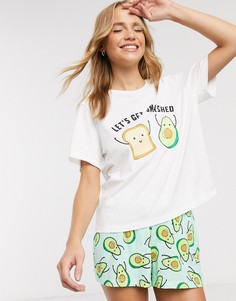 Пижама из топа с надписью "lets get smashed" и шортов с принтом авокадо ASOS DESIGN-Мульти