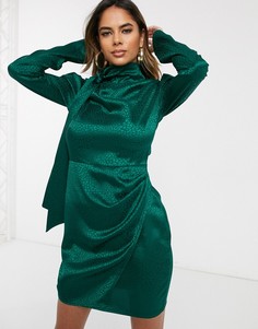 Атласное платье мини со звериным принтом, запахом и завязкой Public Desire-Зеленый цвет