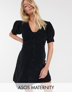 Черное вельветовое платье мини с глубоким вырезом и пышными рукавами ASOS DESIGN Maternity-Черный
