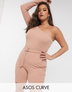 Ромпер на одно плечо в рубчик ASOS DESIGN Curve-Розовый