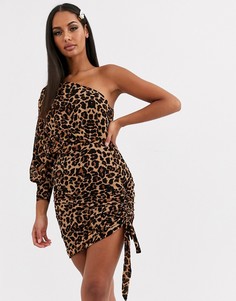 Коричневое платье на одно плечо с леопардовым принтом Love & Other Things-Мульти