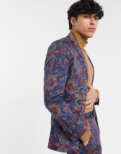 Синий приталенный пиджак с цветочным принтом Topman-Многоцветный