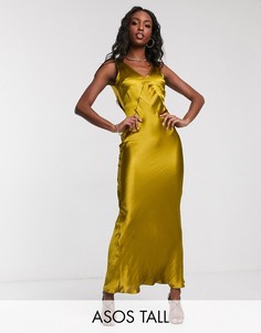 Атласное платье макси со свободным воротом на спине и вставками ASOS DESIGN Tall-Золотой