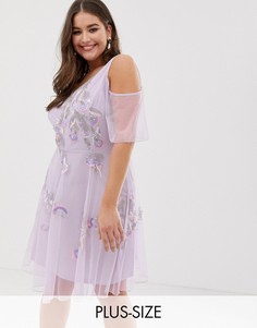 Короткое приталенное платье с отделкой и открытыми плечами Frock And Frill Plus-Фиолетовый