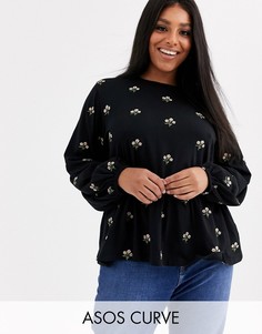 Свободный лонгслив с цветочной вышивкой ASOS DESIGN Curve-Черный