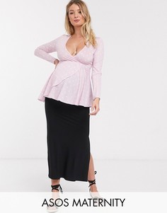 Трикотажная юбка миди с разрезом ASOS DESIGN Maternity-Черный
