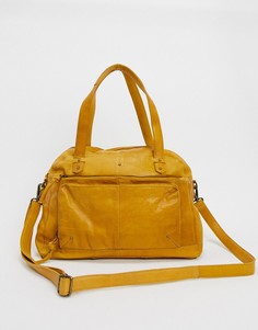 Кожаная сумка-шоппер в стиле oversized горчичного цвета Pieces-Желтый