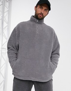Серый oversized‑свитшот из искусственного меха с молнией до груди ASOS DESIGN