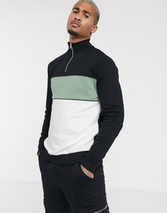 Свитшот черного/белого/зеленого цвета с молнией ASOS DESIGN-Черный