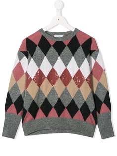 Brunello Cucinelli Kids джемпер с пайетками и узором аргайл