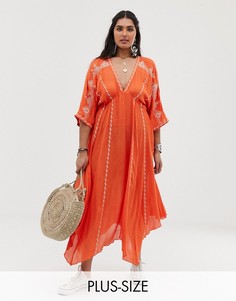 Платье макси с глубоким вырезом и вышивкой на широких рукавах En Creme Plus-Оранжевый
