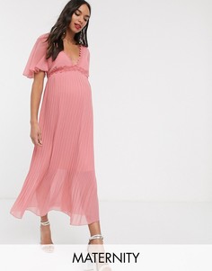 Розовое платье миди с кружевом Little Mistress Maternity-Розовый