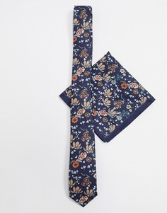 Узкий галстук и платок для нагрудного кармана с цветочным принтом ASOS DESIGN-Мульти