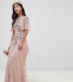 Платье макси из сетки добби с цветочной вышивкой и рукавами клеш ASOS DESIGN Petite-Розовый