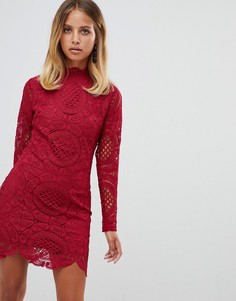 Кружевное платье мини с длинными рукавами Girl In Mind-Красный