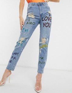 Рваные прямые джинсы с принтом граффити Femme Luxe-Синий