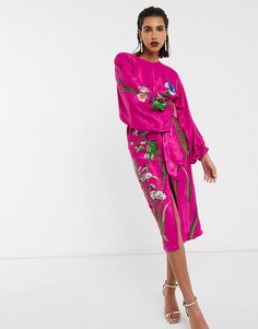 Атласное платье миди с цветочной вышивкой и поясом ASOS EDITION-Розовый