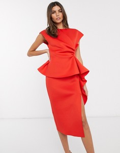 Платье-футляр миди с баской и присборенной отделкой ASOS DESIGN-Красный
