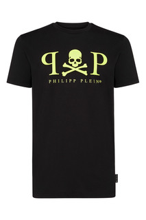 Черная футболка с неоновым логотипом бренда Philipp Plein