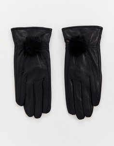 Кожаные перчатки с помпоном из искусственного меха Jayley-Черный
