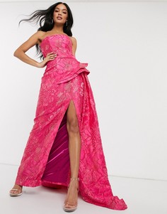 Розовое жаккардовое платье-бандо для выпускного с разрезом до бедра Bariano-Розовый