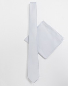 Серый узкий галстук и платок для нагрудного кармана в диагональный рубчик ASOS DESIGN