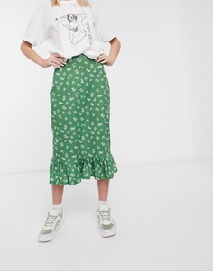Юбка миди с оборкой на подоле и цветочным принтом Daisy Street-Зеленый цвет